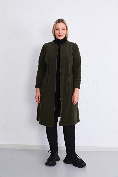 Kardelen Butik Ümraniye Plus Size Fleece Cardigan Khaki Green Zippered