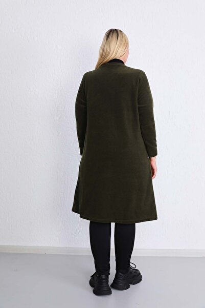 Kardelen Butik Ümraniye Plus Size Fleece Cardigan Khaki Green Zippered
