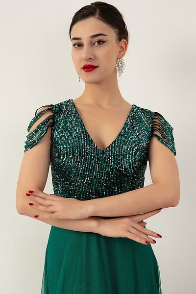 PULLIMM Top Paiete Paiete Șase Tulle Rochie Lungă de Seară 13118
