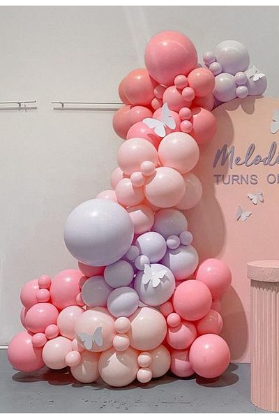 Çemrek Süs Parti Macaron pink lilac and flamigo pink balloon chain set 100 pieces