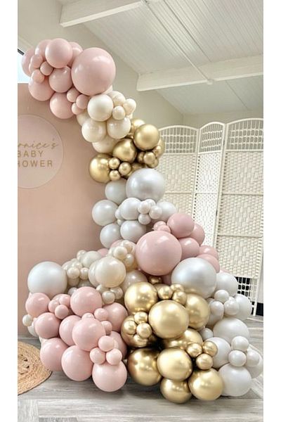 Çemrek Süs Parti White gold chrome pink bush balloon chain set 100 pieces