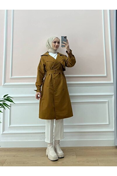 Esre Store Kol Ve Omuz Detaylı Tesettür Trençkot Taba