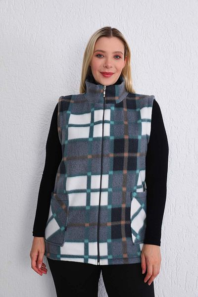 Kardelen Butik Ümraniye Plaid Patterned Fleece Vest Zippered Black Green