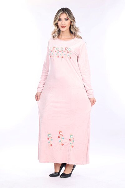 mervemoda Γυναικείο βελούδινο μακρύ φόρεμα με ροζ λαιμόκοψη