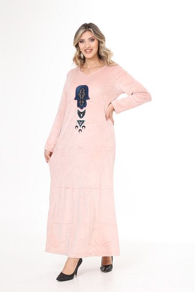 mervemoda فستان نسائي طويل مخملي بتطريز وردي