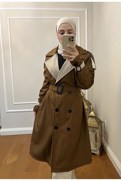 Esre Store 4425 Double Color Hijab Trench Coat Brown - Beige