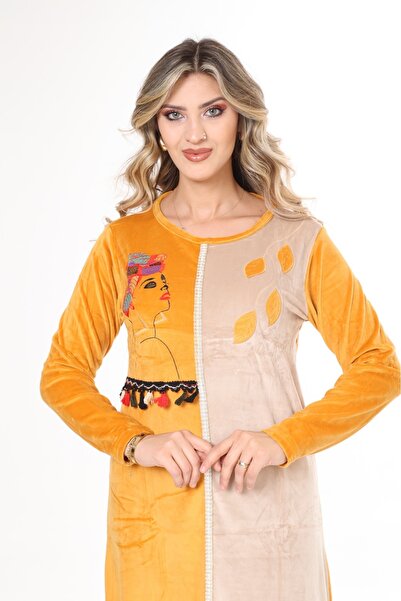 mervemoda Mustard Velvet Women's Dress