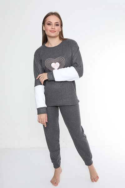 FAMES PİJAMA Love Heart Patterned Interlock Long Sleeve Women's Pajama Set