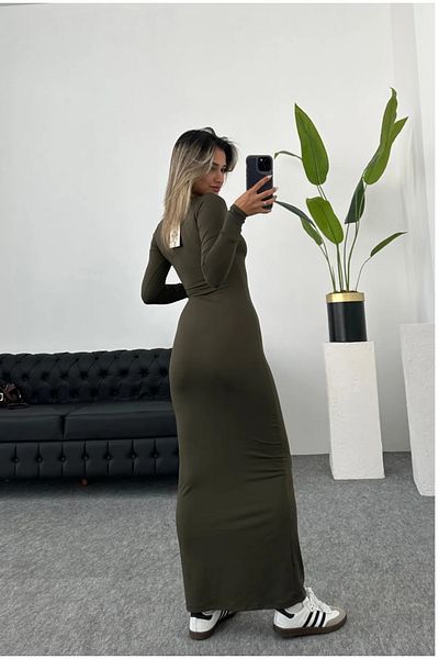 Kokoş Aşk γυναικείο χακί Μακρύ μανίκι Maxi Crew Neck