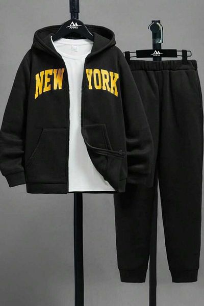 AMMA Unisex Black New York Printed Hooded Cardigan White T-Shirt and Sweatpants Set of 3