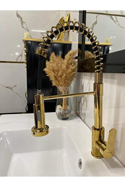 EFDAL YAPI MİMARLIK Mat Gold Endüstriyel Mutfak Bataryası Evye Musluğu Antik Eskitme Altın Mutfak Bataryası