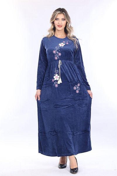 mervemoda Γυναικείο βελούδινο μακρύ φόρεμα με κέντημα Navy