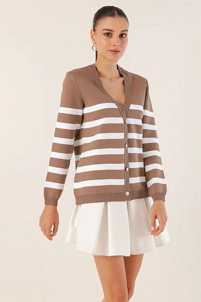 hazelin Women's Biscuit Striped V-neck Relaxed Cut Knitwear Cardigan HZL24W-BD1102151