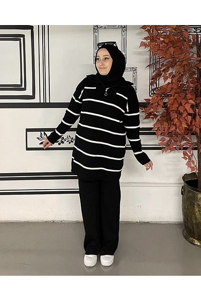 İmajButik Collar Zippered Striped Knitwear Set