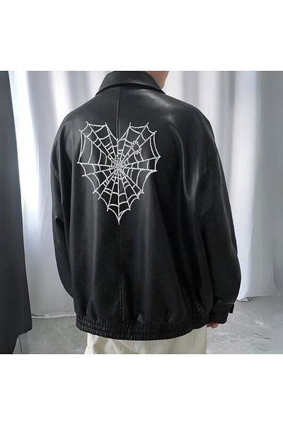 Gofeel Y2k Tech Gothic Spider Printed Streetwear Μαύρο Oversize Unisex Δερμάτινο μπουφάν με επένδυση