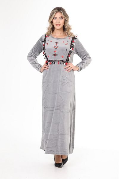 mervemoda Women's Gray Collar Embroidery Detailed Velvet Dress