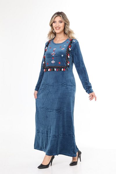 mervemoda Γυναικείο βελούδινο φόρεμα με κέντημα με γιακά Indigo