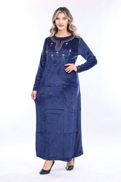 mervemoda Γυναικείο βελούδινο φόρεμα με κέντημα σε μπλε ναυτικό γιακά