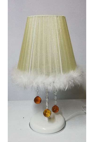 TEKAY AYDINLATMA Cream feathered stone bedroom lampshade, white metal leg e 27 lampholder with balrengi stone