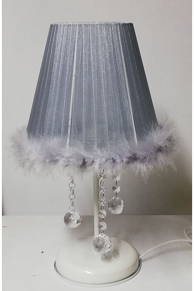 TEKAY AYDINLATMA Gray feathered stone bedroom lampshade, white metal base e 27 lampholder