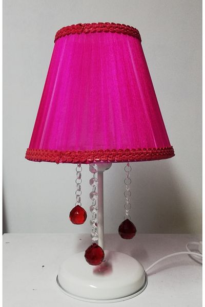 TEKAY AYDINLATMA Fuchsia feathered stone bedroom lampshade, white metal base e 27 lampholder
