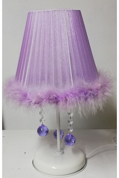 TEKAY AYDINLATMA Lilac feathered stone bedroom lampshade, white metal base e 27 lampholder