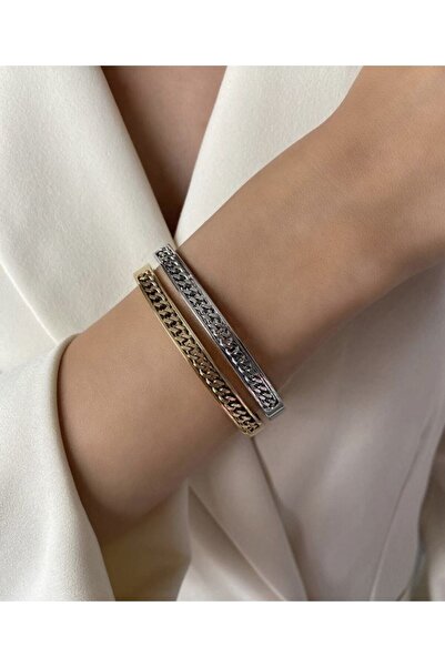 JELLY Kadın Çelik Gold Renk Gurmet Model Örgü Zincirli Kelepçe Bileklik