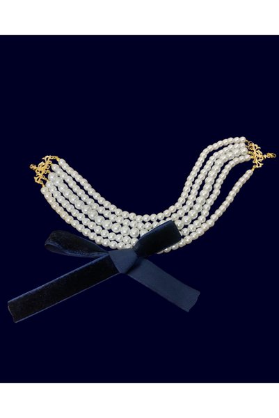 Jovela Lacivert kadife kurdela inci choker tasma kolye
