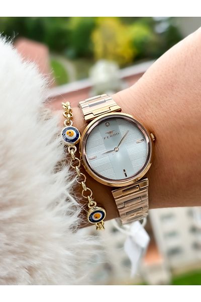 FERRO Brand New Season Rose Color, Steel Strap, Simple Model Women's Wristwatch + Bracelet in Box