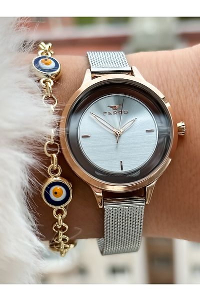 FERRO Brand New Season Rose Color, Steel Mesh Strap, Simple Model Women's Wristwatch + Bracelet in Box
