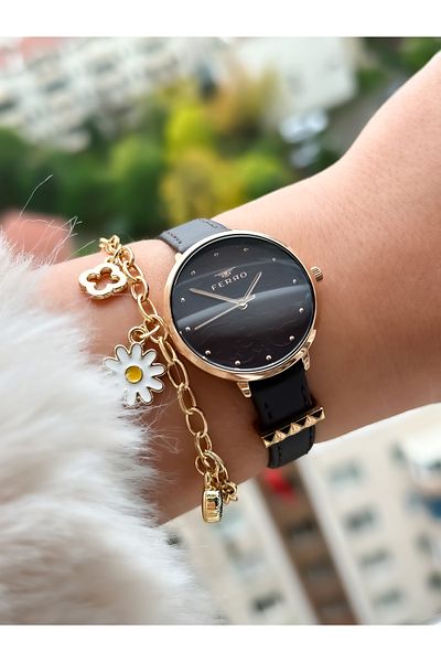 FERRO Brand New Season Brown Leather Strap, Simple Model Women's Wristwatch + Bracelet in Box