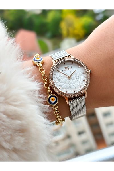 FERRO Brand New Season Silver Color, Steel Mesh Strap, Simple Model Women's Wristwatch + Bracelet in Box