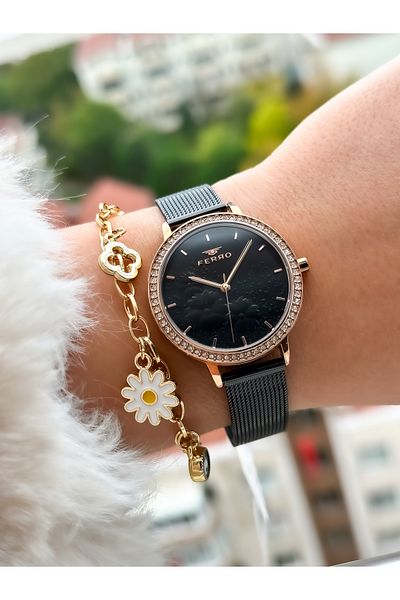 FERRO Brand New Season Black Color, Steel Mesh Strap, Simple Model Women's Wristwatch + Bracelet in Box