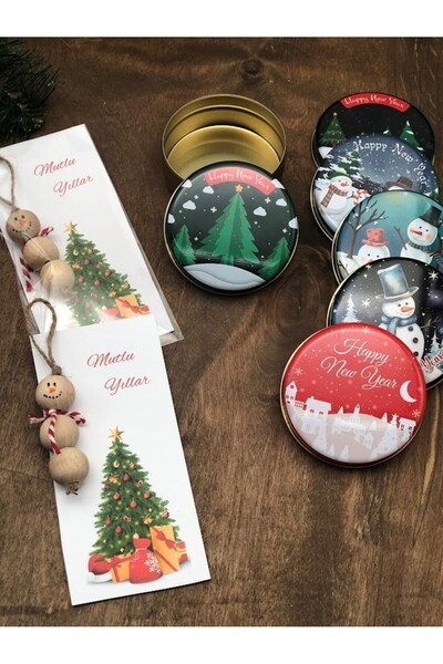 Masalsı Concept 6 adet yılbaşı baskılı boş metal kutu ve 2 adet mutlu yıllar yeni yıl çam ağacı sevimli süsü