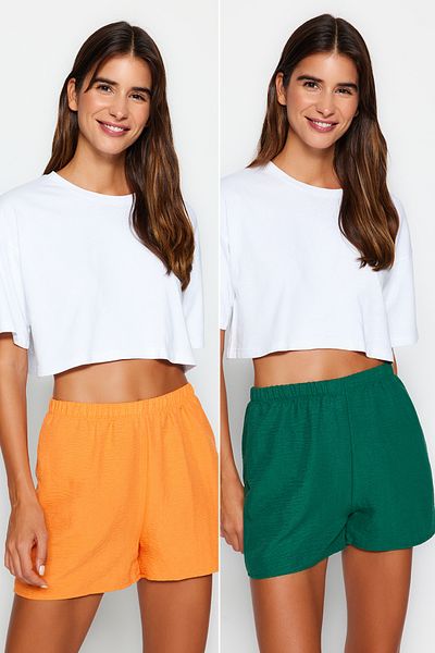 Trendyol Collection Portocaliu-multicolor, pachet de 2 pantaloni scurți, țesuți pentru pijama THMSS23SR00020
