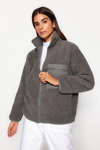 Trendyol Collection Winter Essentials Anthrazit Dickes Fleece Strick-Sweatshirt mit Reißverschluss und Stehkragen und Tasche TWOAW24SW00071