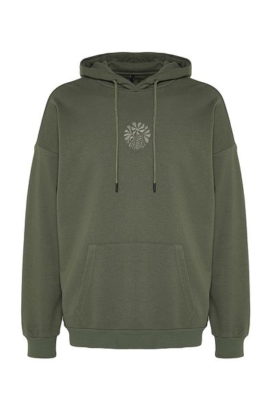 Trendyol Collection Khaki Floral Embroidered Oversize Hooded Sweatshirt - TMNAW24SW00248