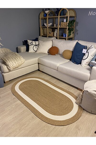 MaVaux KOPYA - Oval Jüt Yuvarlak Hasır Görünümlü Klasik Halı Kilim