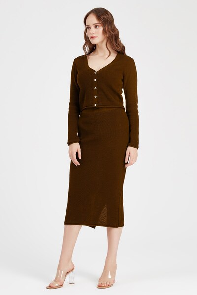 Sherin Dark Brown Corded Skirt Cardigan Suit Swtk3011-15kk