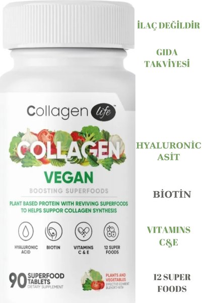 COLLAGEN LIFE Biotin, Hyaluronıc Acıd, Amino Asit ve Bitki Bazlı Protein Tozu ile Vegan Kolajen Desteği 90 Tablet