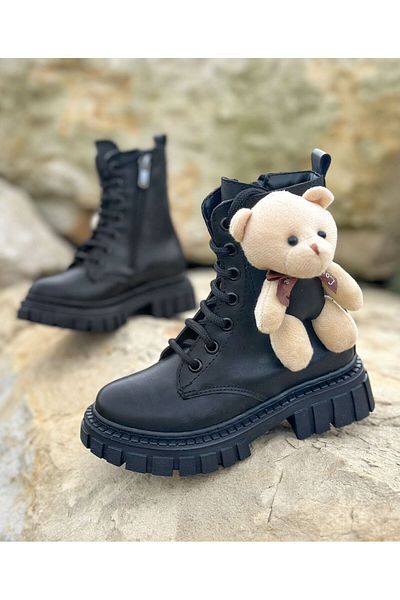 Surpie Shoes Κοριτσίστικες μπότες με αρκουδάκι, παιδικές μπότες με φερμουάρ, μαύρες παιδικές μπότες