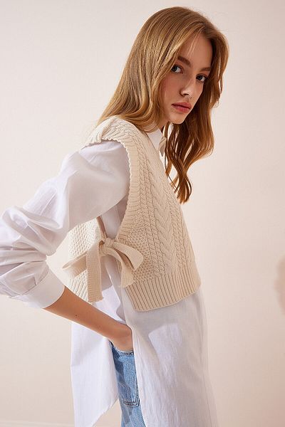 BE CHİC Women's Cream Turtleneck Side Tie Short Knitwear Sweater MA1001