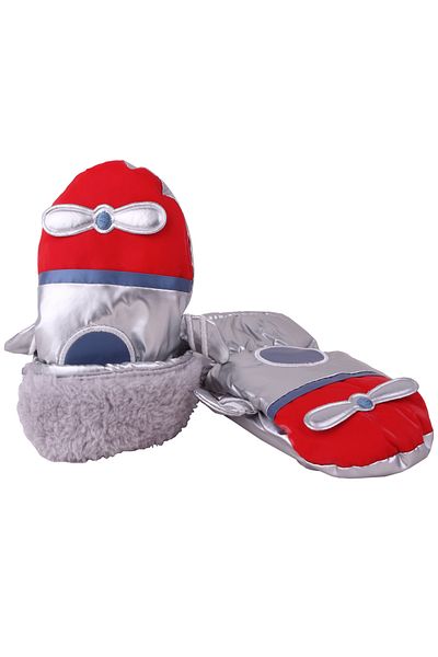 İşnar Fingerless Children's Snow Gloves 2-4 Years Gray Red Propeller Airplane Patterned Model 0051