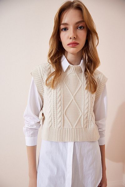 BE CHİC Women's Cream Turtleneck Side Tie Short Knitwear Sweater MA1001