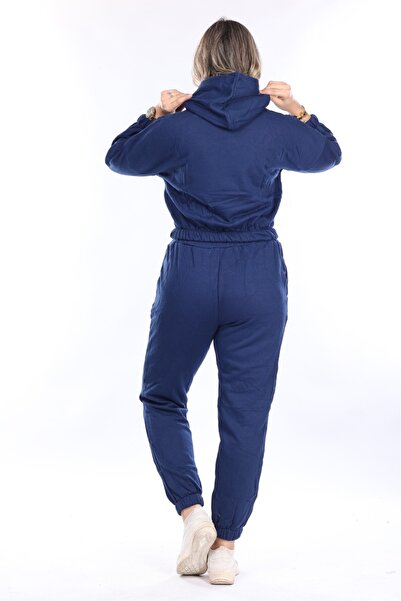 mervemoda Women's Navy Blue Two Thread Ribbed Tracksuit Set