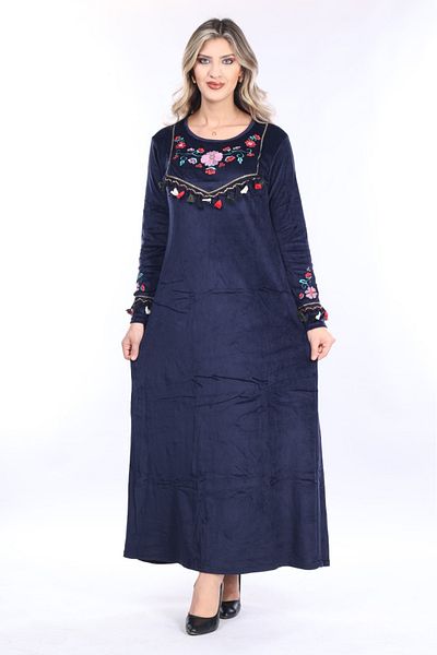 mervemoda Γυναικείο βελούδινο φόρεμα με κέντημα Navy Blue