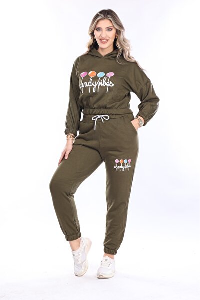 mervemoda Women's Khaki Two Thread Raised Tracksuit Set