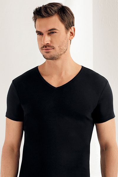 Şahinler Men's Black Short Sleeve V-neck Ribbed Undershirt Me028