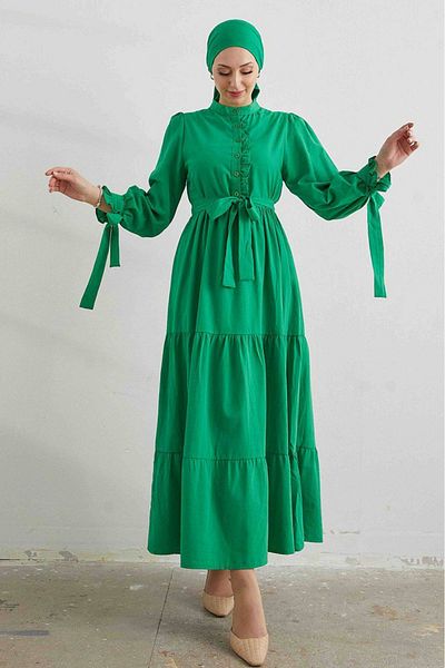 Qenz Terikoton Hijab Dress with Frilled Sleeve and Front - Green