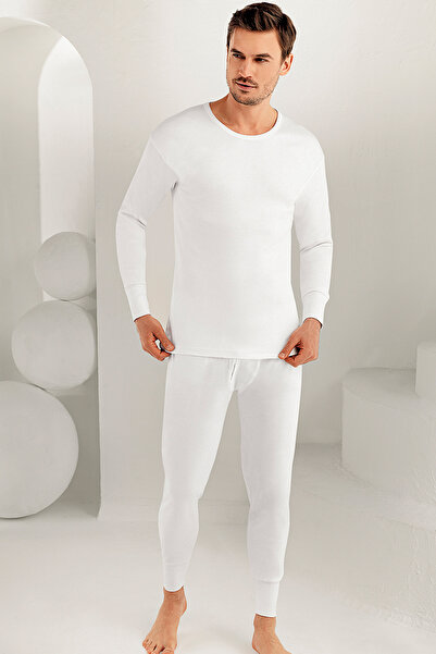 Şahinler Men's White Long Sleeve Crew Neck Interlock Underwear ME016